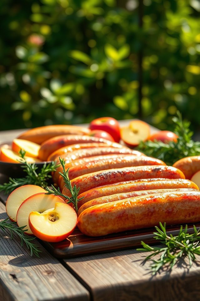 bratwursts topped with apples