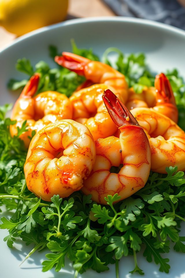 garlic shrimp on watercress