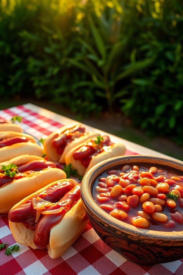 grilled hot dogs and beans