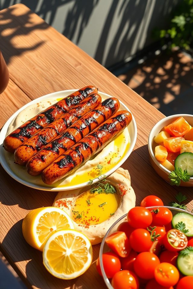 sausage topped hummus platter